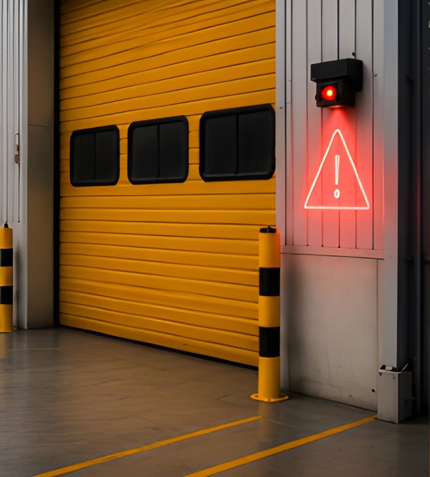 Porte industrielle sécurisée par un récepteur WACS déclenchant une alerte lumineuse rouge